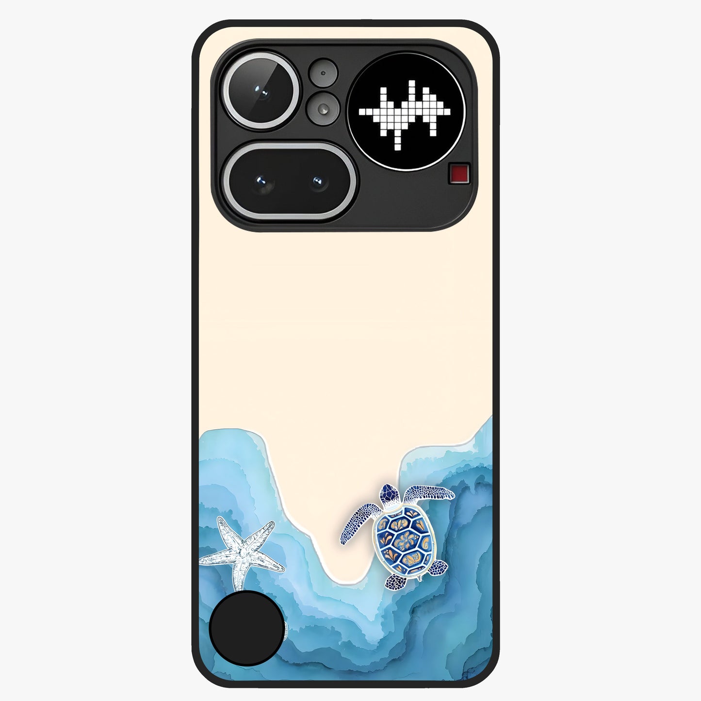 Ocean Drift Turtle Glass Case showing flat back view with sea turtle artwork and glossy glass finish.