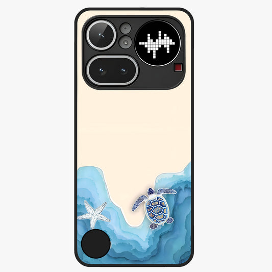 Ocean Drift Turtle Glass Case showing flat back view with sea turtle artwork and glossy glass finish.