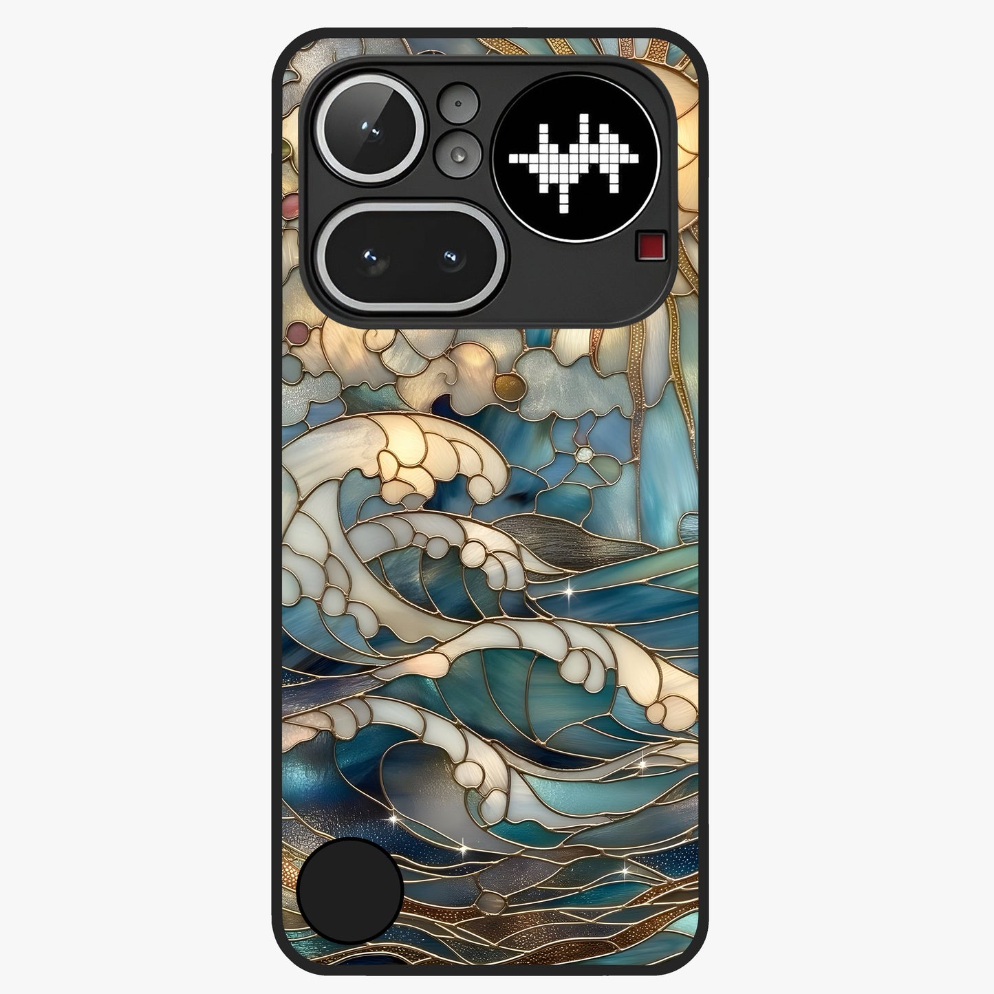 Oceanic Stained Printed Glass Case showing flat back view with ocean inspired stained pattern artwork and glossy glass finish.