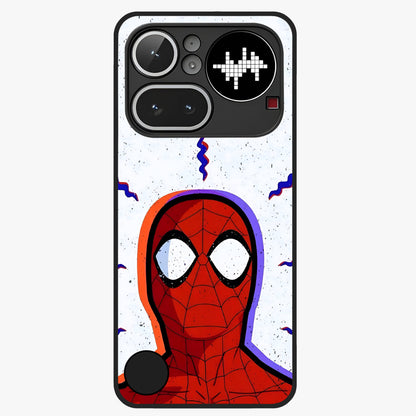 Omg Spiderman Glass Case showing flat back view with bold superhero inspired artwork and glossy glass finish.