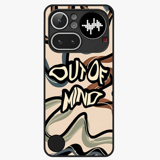 Out Of Mind Glass Case showing flat back view with expressive typography artwork and glossy glass finish.