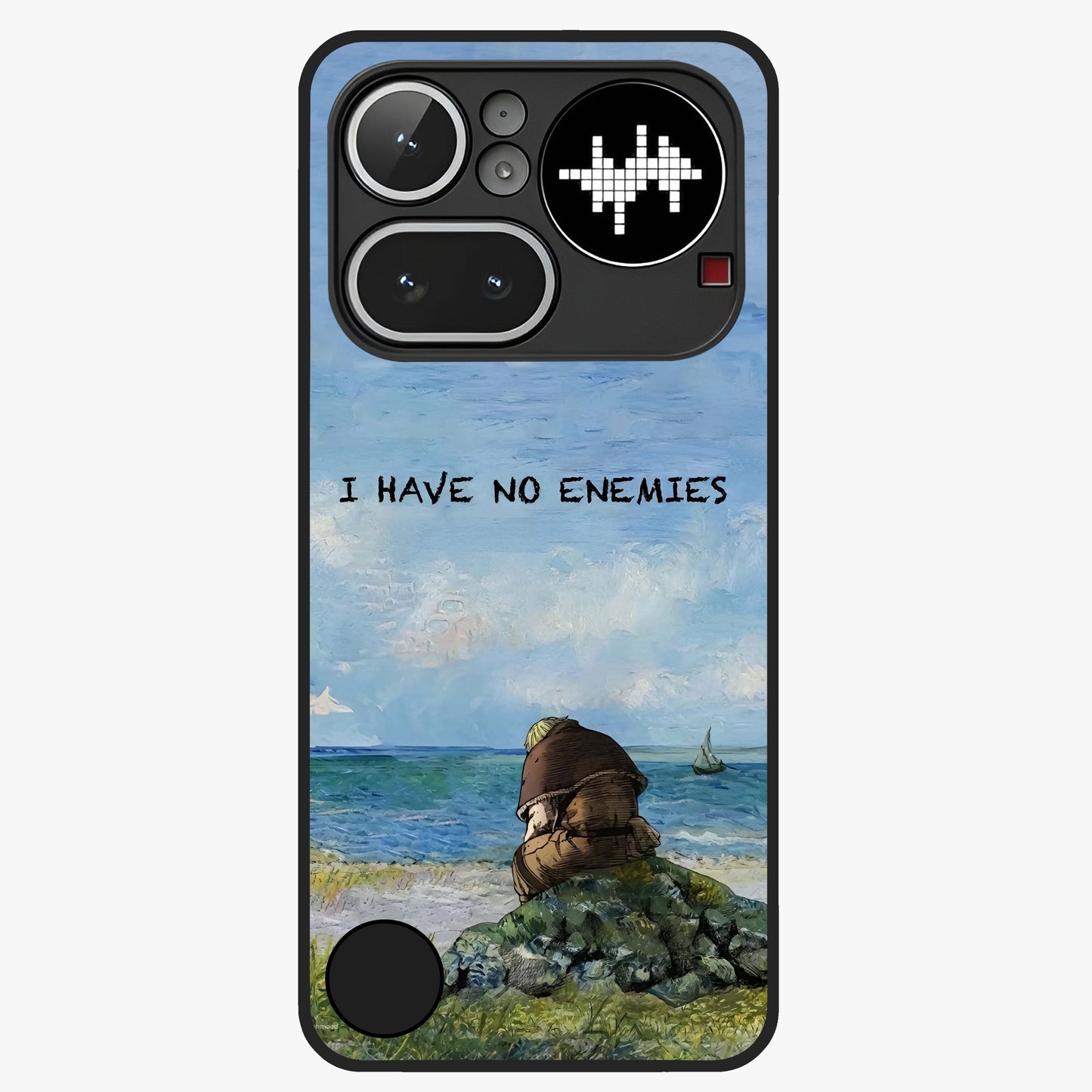 Peace Beyond War Glass Case showing flat back view with symbolic peace themed artwork and glossy glass finish.