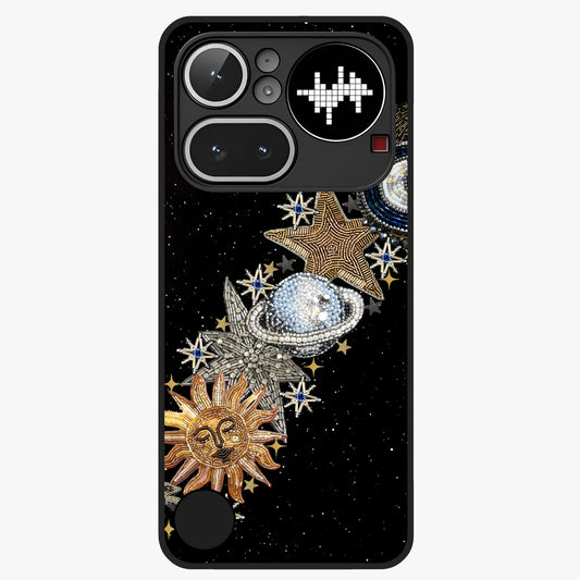 Pearls Universe Object Glass Case showing flat back view with pearl inspired cosmic artwork and glossy glass finish.