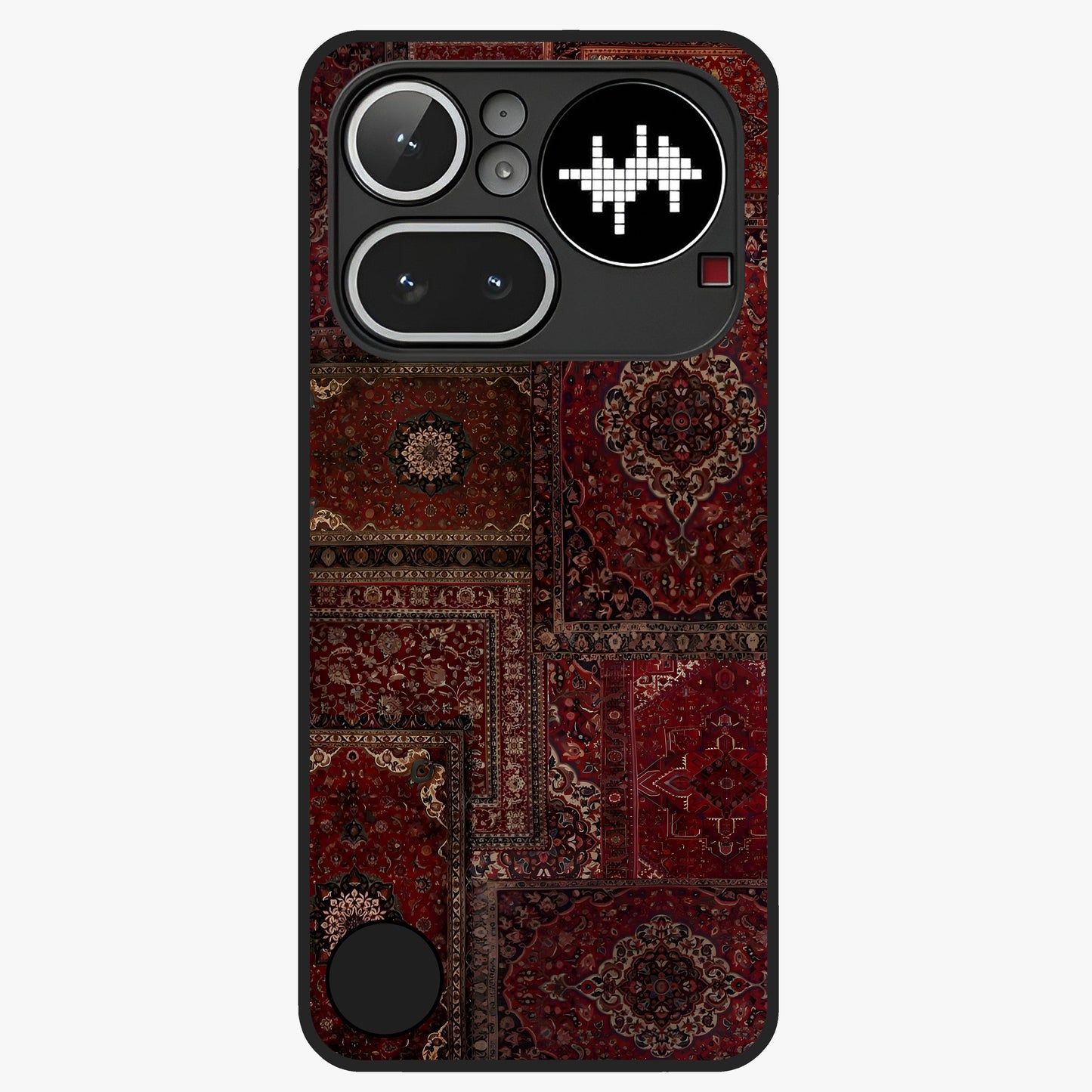 Persian Velvet Tale Glass Case showing flat back view with luxurious Persian velvet pattern artwork and glossy glass finish.