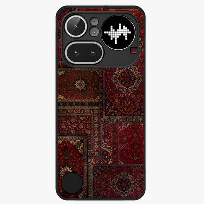 Persian Velvet Tale Glass Case showing flat back view with luxurious Persian velvet pattern artwork and glossy glass finish.