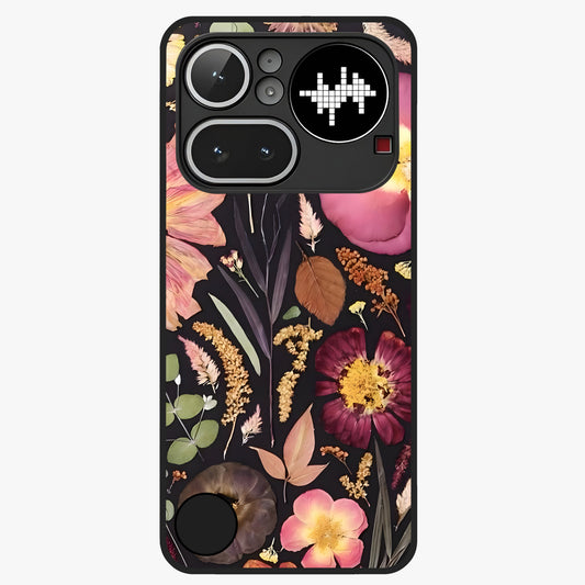 Petal Dream Tapestry Glass Case showing flat back view with intricate floral tapestry artwork and glossy glass finish.