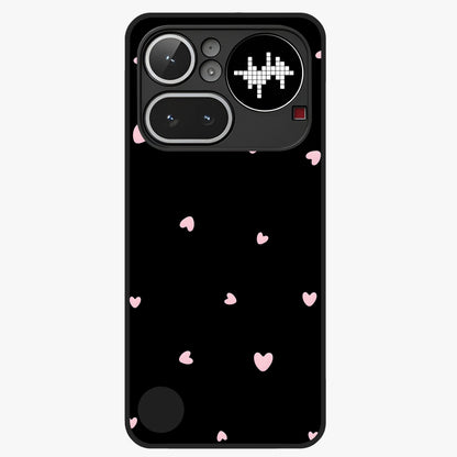 Pink Love Drops Glass Case showing flat back view with playful pink heart drops artwork and glossy glass finish.