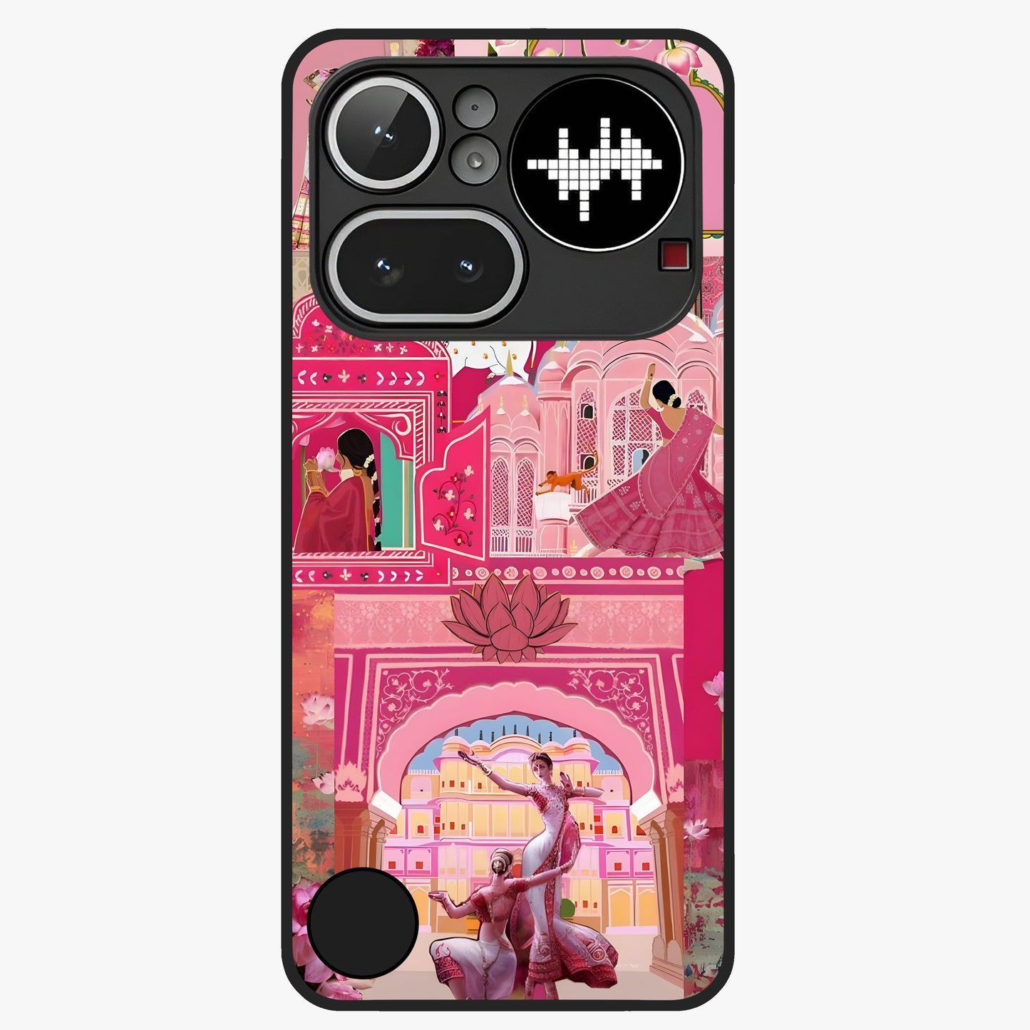 Pink Palace Muse Glass Case showing flat back view with elegant palace inspired artwork and glossy glass finish.
