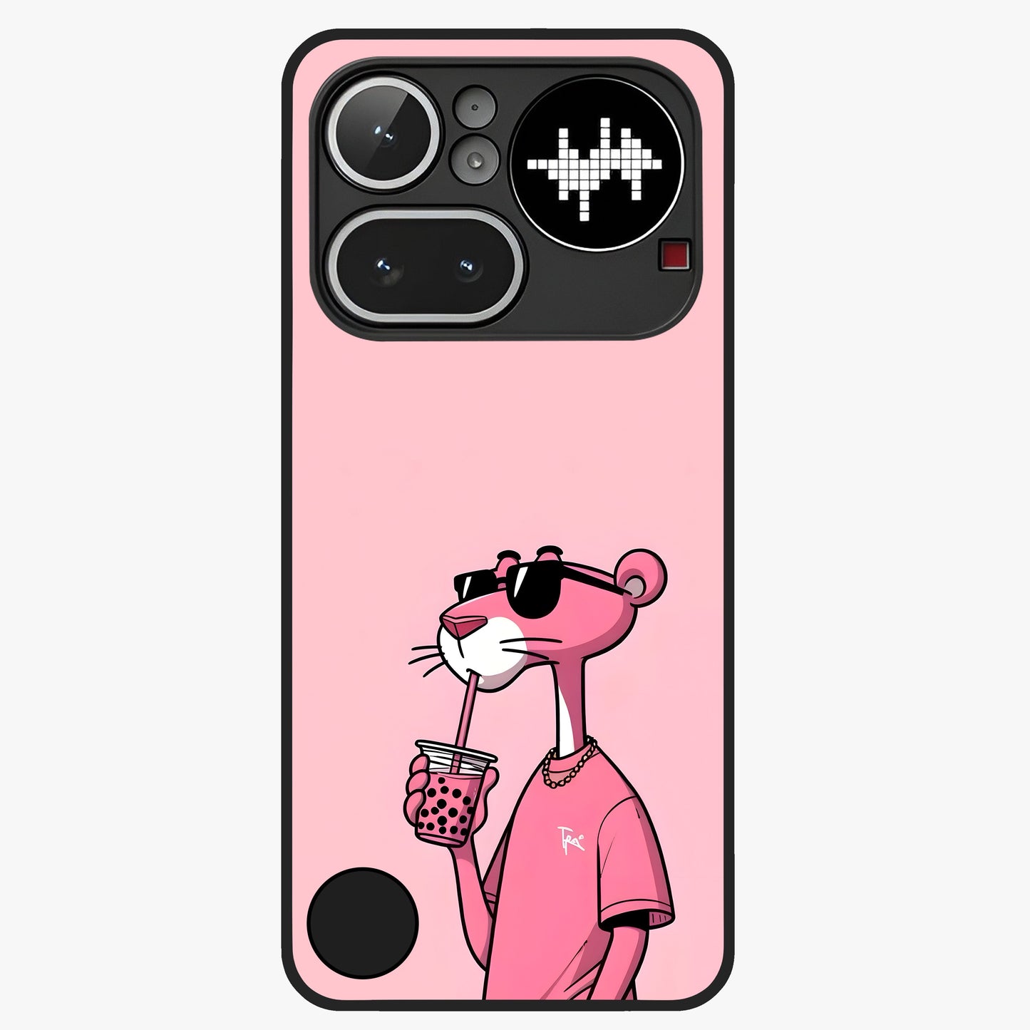 Pink Panther Glass Case showing flat back view with iconic pink panther artwork and glossy glass finish.