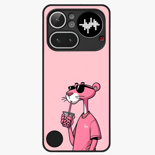 Pink Panther Glass Case showing flat back view with iconic pink panther artwork and glossy glass finish.