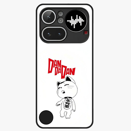 Playful Spirit Charm Glass Case showing flat back view with cheerful charm themed artwork and glossy glass finish.
