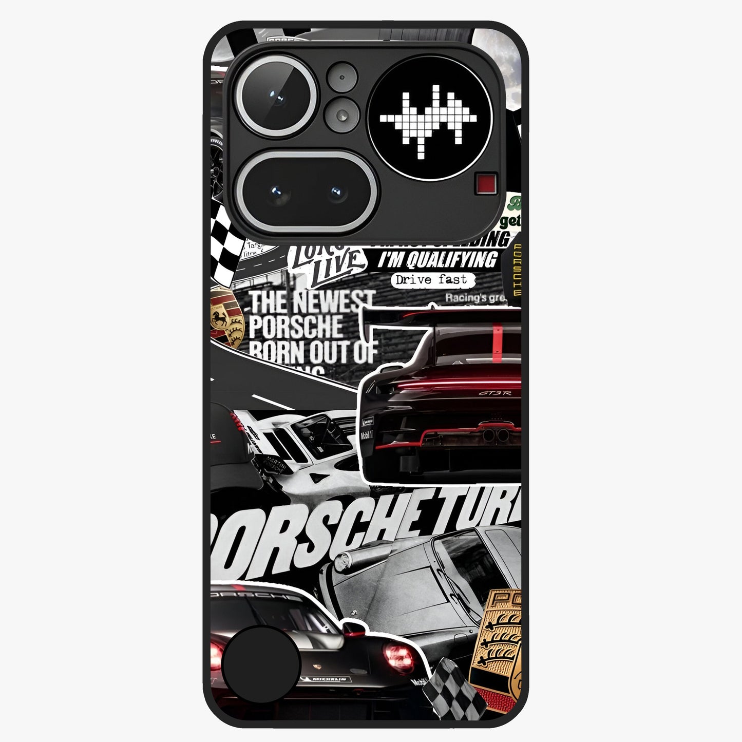 Porsche Racing Collage Glass Case showing flat back view with sports car racing collage artwork and glossy glass finish.