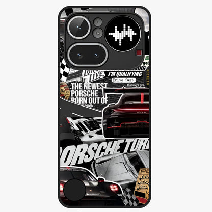 Porsche Racing Collage Glass Case showing flat back view with sports car racing collage artwork and glossy glass finish.