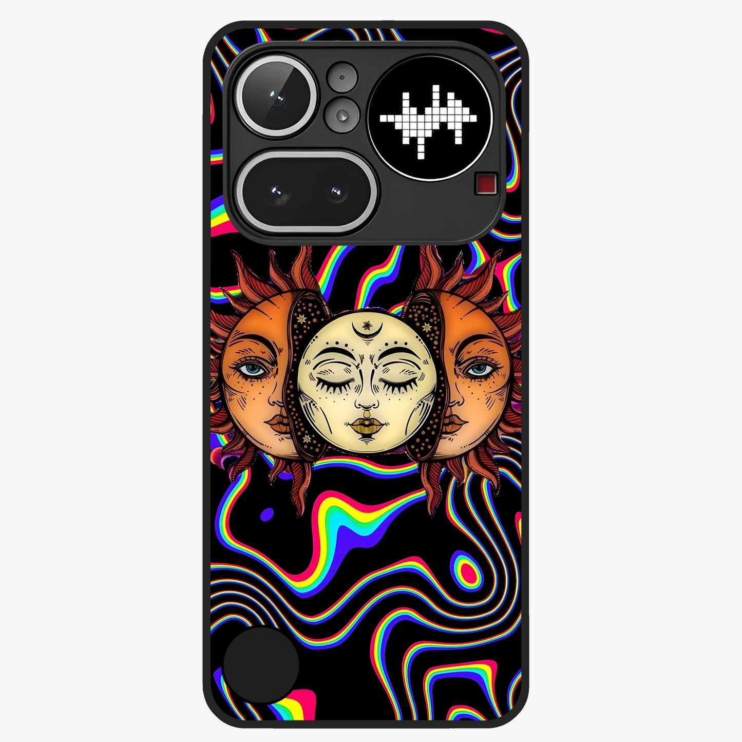 Psychedelic Sun Glass Case showing flat back view with colorful psychedelic sun artwork and glossy glass finish.