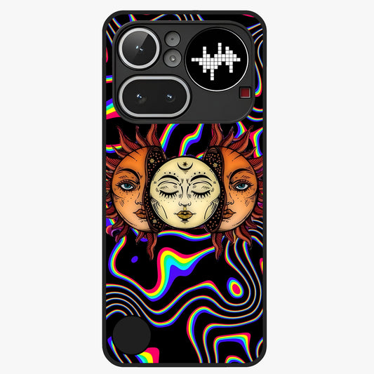 Psychedelic Sun Glass Case showing flat back view with colorful psychedelic sun artwork and glossy glass finish.