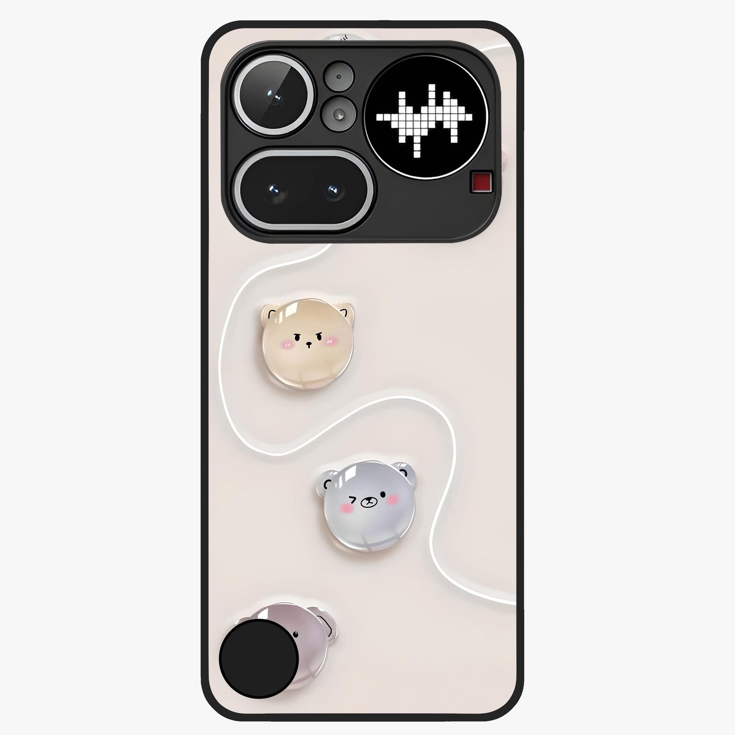 Puffy Face Parade Glass Case showing flat back view with cute puffy character faces artwork and glossy glass finish.