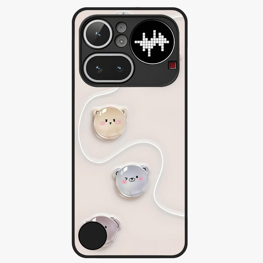 Puffy Face Parade Glass Case showing flat back view with cute puffy character faces artwork and glossy glass finish.