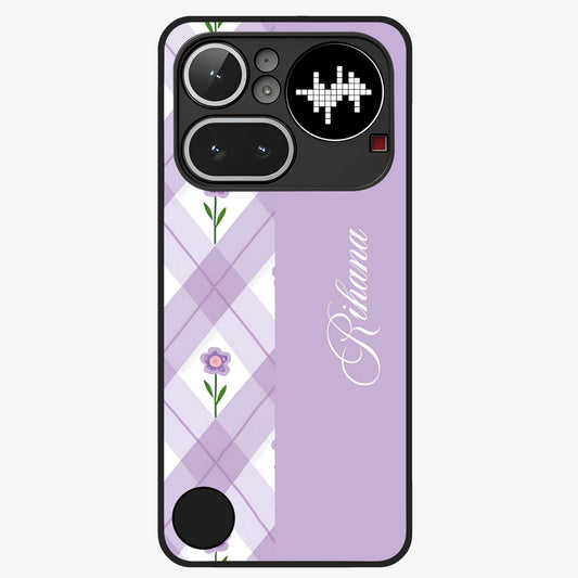 Purple Diamond Floral Glass Case showing flat back view with diamond shaped floral artwork and glossy glass finish.