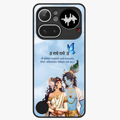 Radha Krishna Eternal Glass Case showing flat back view with Radha Krishna devotional artwork and glossy glass finish.