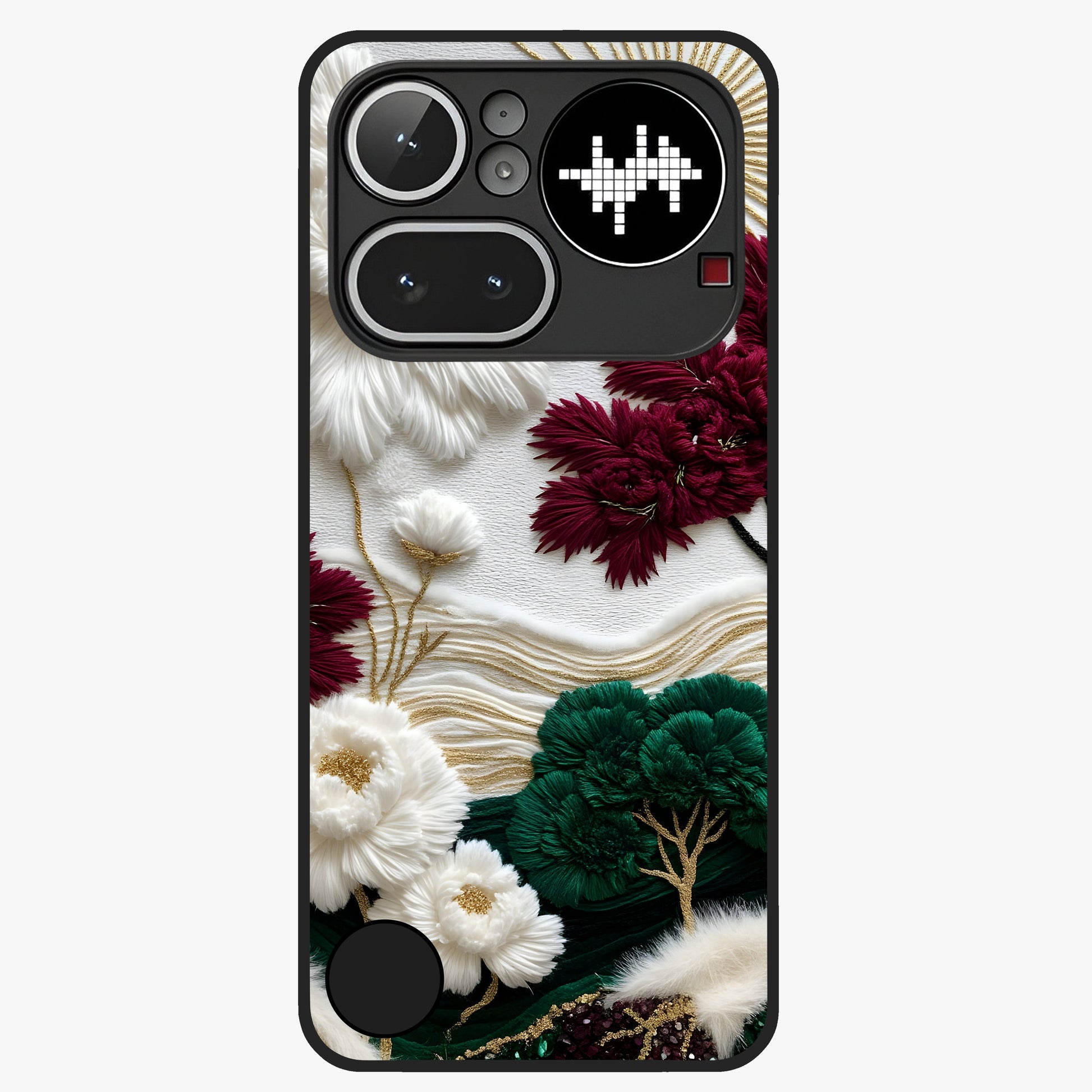 Radiant Bloom Elegance Glass Case showing flat back view with elegant blooming flower artwork and glossy glass finish.