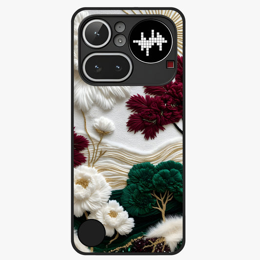 Radiant Bloom Elegance Glass Case showing flat back view with elegant blooming flower artwork and glossy glass finish.