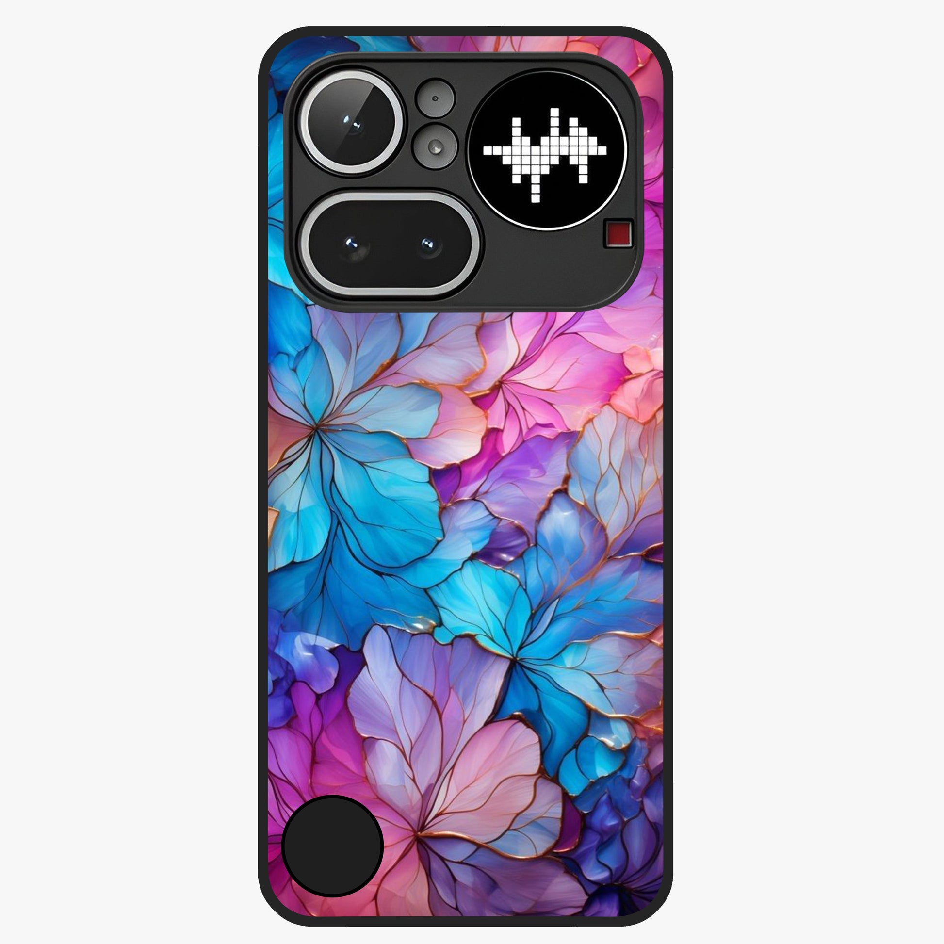Radiant Floral Whirl Glass Case showing flat back view with swirling floral artwork and glossy glass finish.