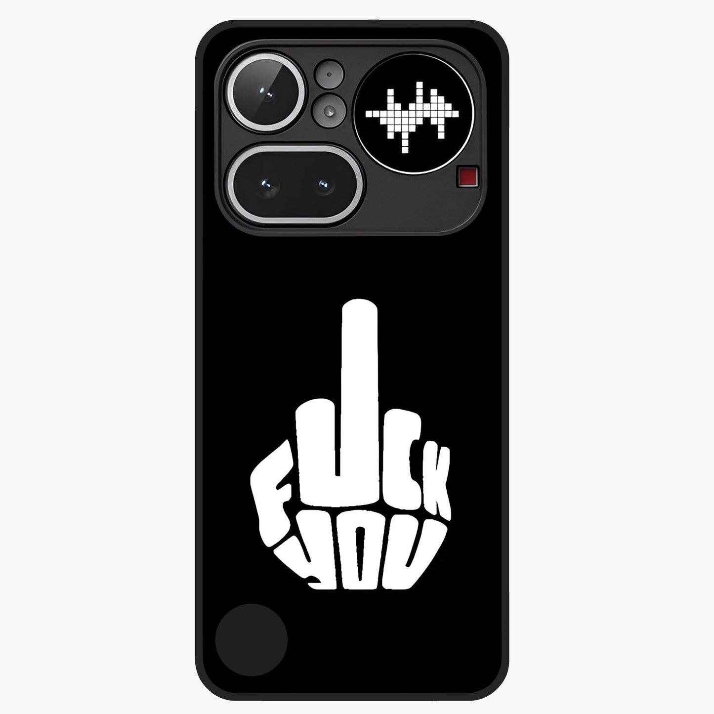 Rebel Mode On Glass Case showing flat back view with bold rebellious typography artwork and glossy glass finish.