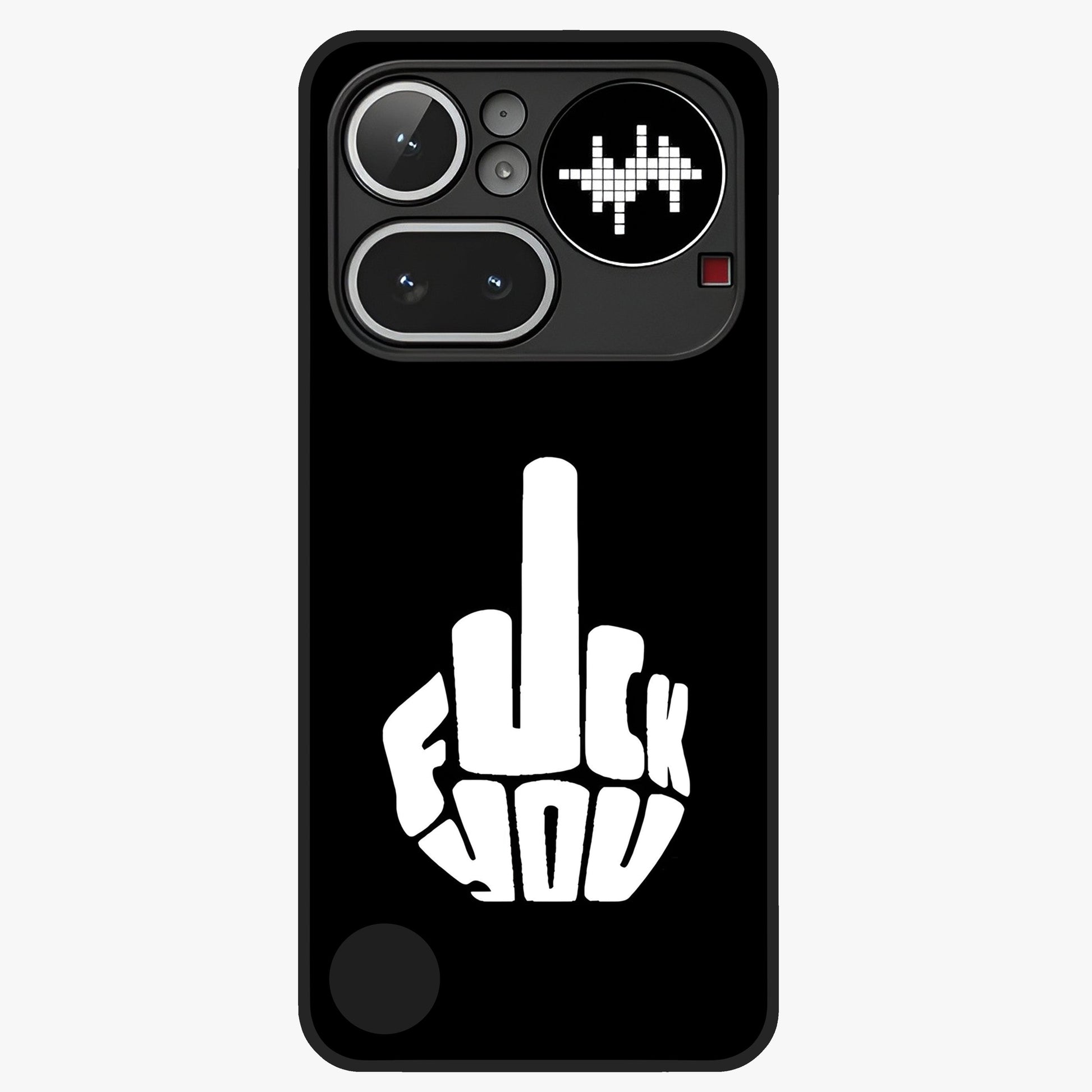 Rebel Mode On Glass Case showing flat back view with bold rebellious typography artwork and glossy glass finish.