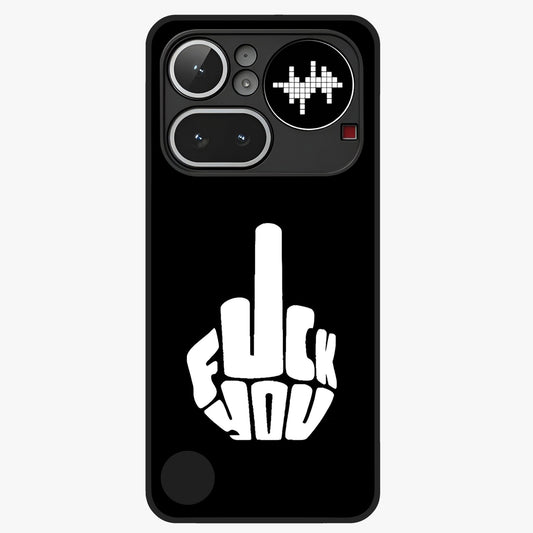 Rebel Mode On Glass Case showing flat back view with bold rebellious typography artwork and glossy glass finish.