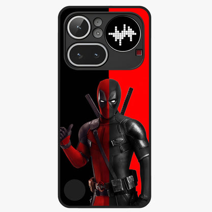 Red & Black Deadpool Theme Glass Case showing flat back view with bold comic inspired artwork and glossy glass finish.