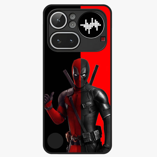 Red & Black Deadpool Theme Glass Case showing flat back view with bold comic inspired artwork and glossy glass finish.