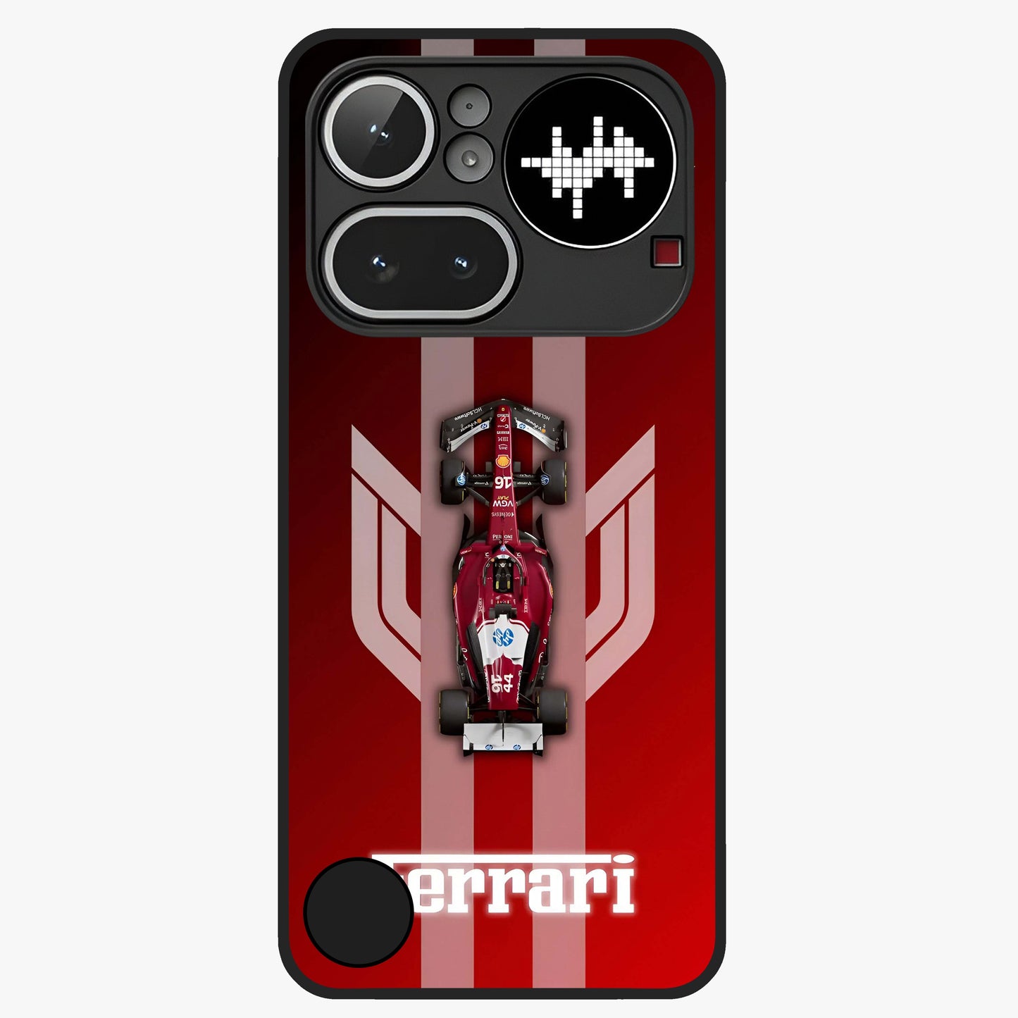 Red Ferrari F1 Vertical Glass Case showing flat back view with sleek Formula racing car artwork and glossy glass finish.