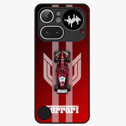 Red Ferrari F1 Vertical Glass Case showing flat back view with sleek Formula racing car artwork and glossy glass finish.