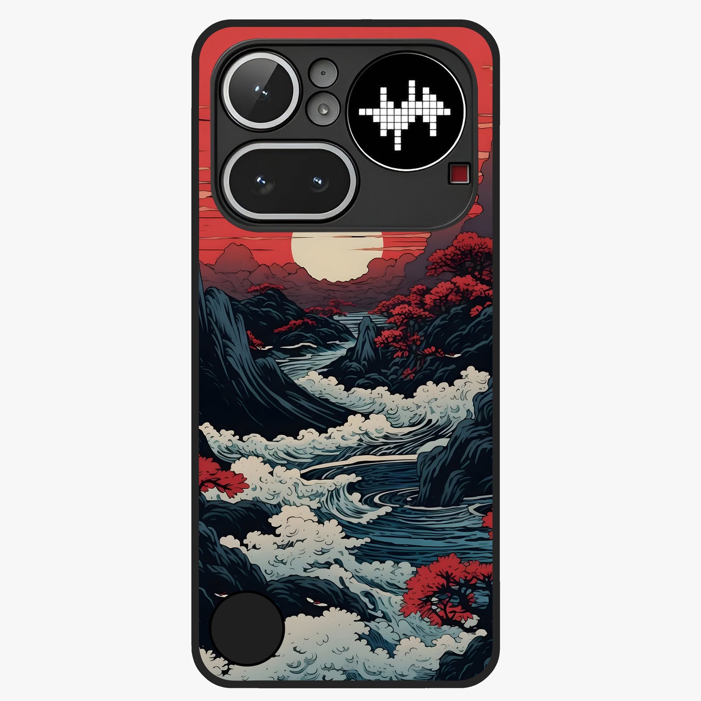 Red Sunset Scenery Glass Case showing flat back view with vibrant sunset landscape artwork and glossy glass finish.