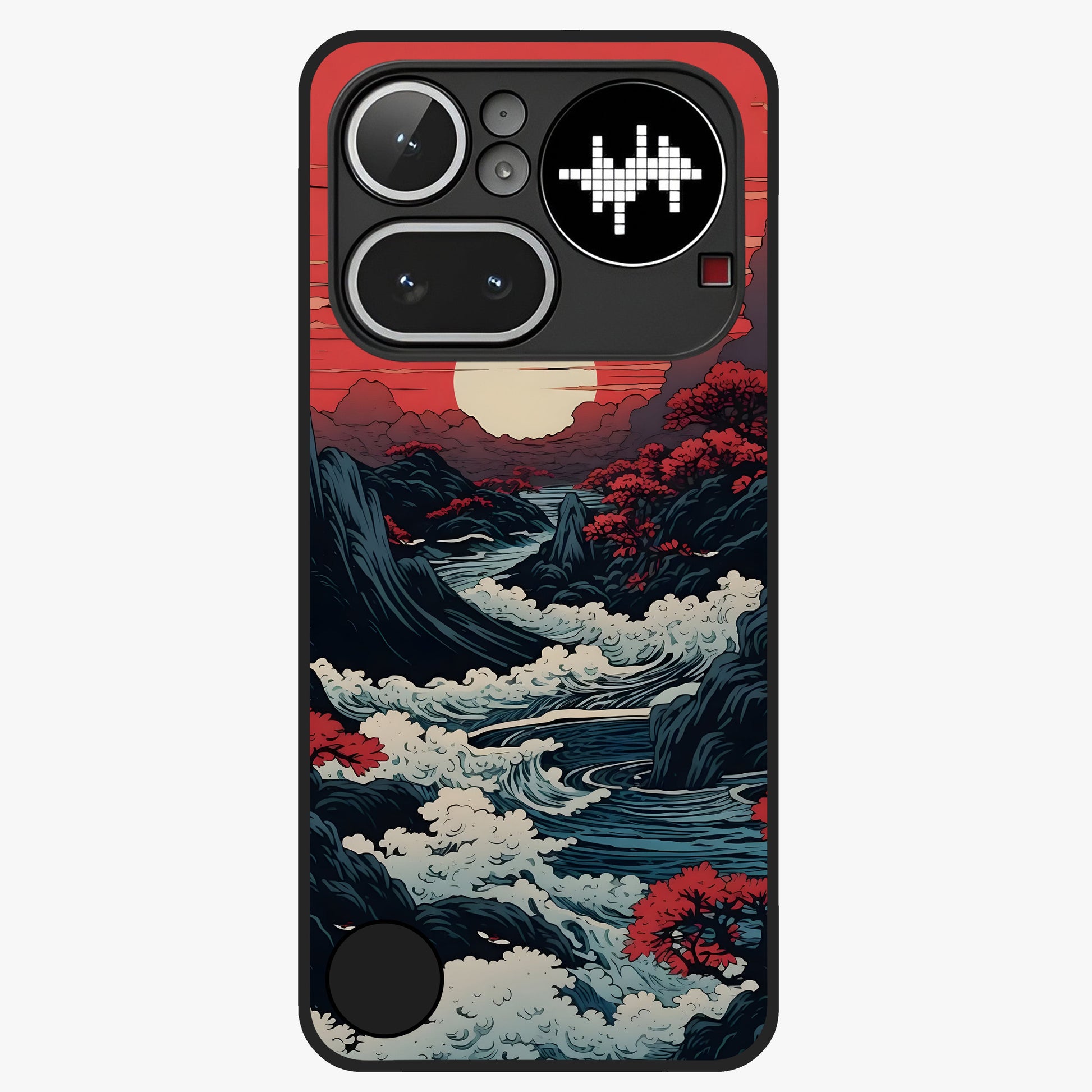 Red Sunset Scenery Glass Case showing flat back view with vibrant sunset landscape artwork and glossy glass finish.