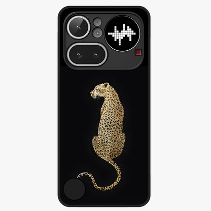 Regal Leopard Glass Case showing flat back view with bold leopard artwork and glossy glass finish.