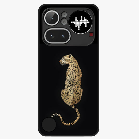 Regal Leopard Glass Case showing flat back view with bold leopard artwork and glossy glass finish.