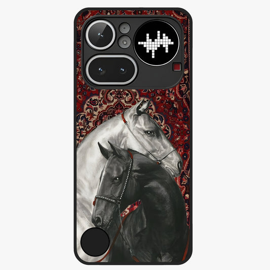 Regal Stallion Tapestry Glass Case showing flat back view with majestic horse tapestry artwork and glossy glass finish.