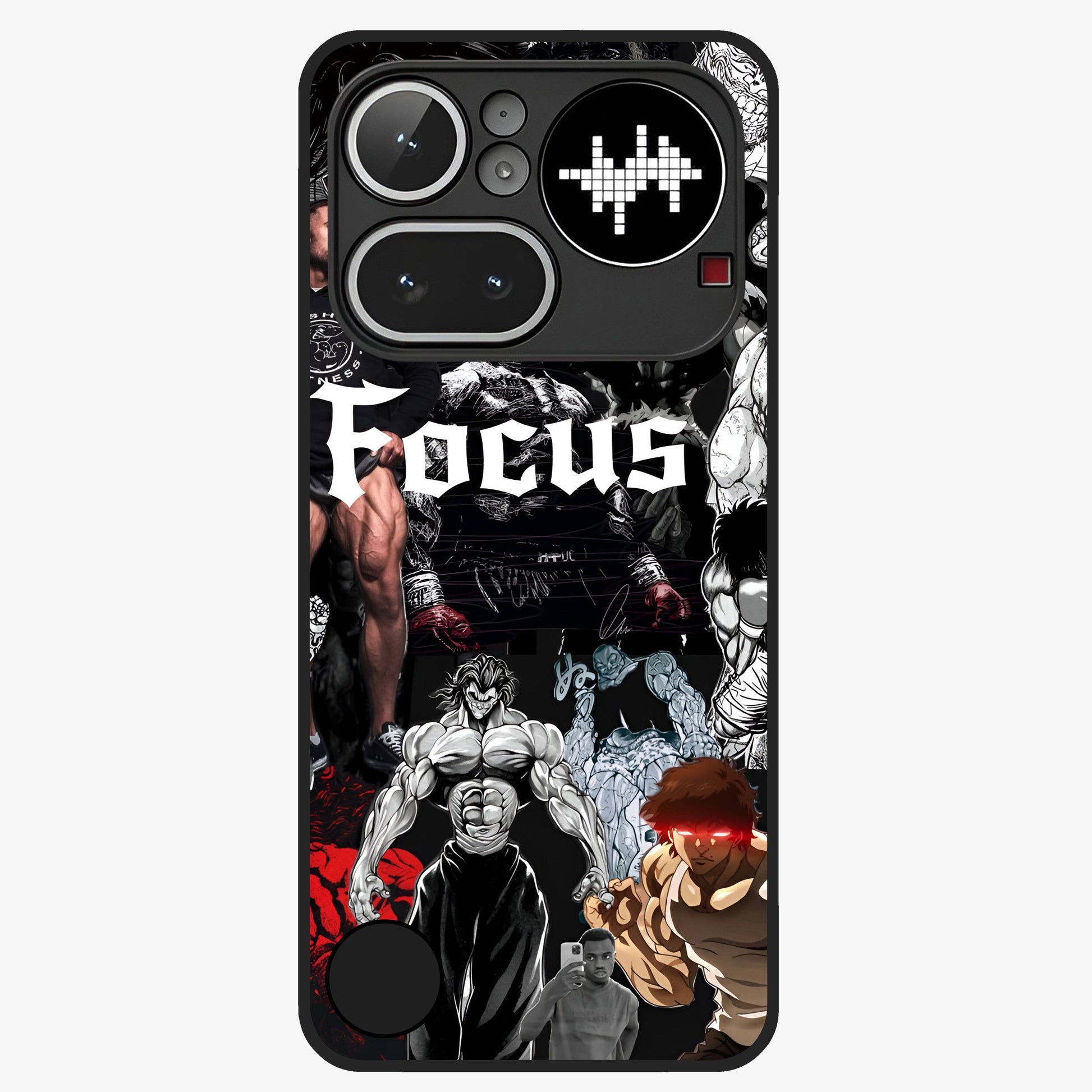 Relentless Power Focus Glass Case showing flat back view with motivational typography artwork and glossy glass finish.