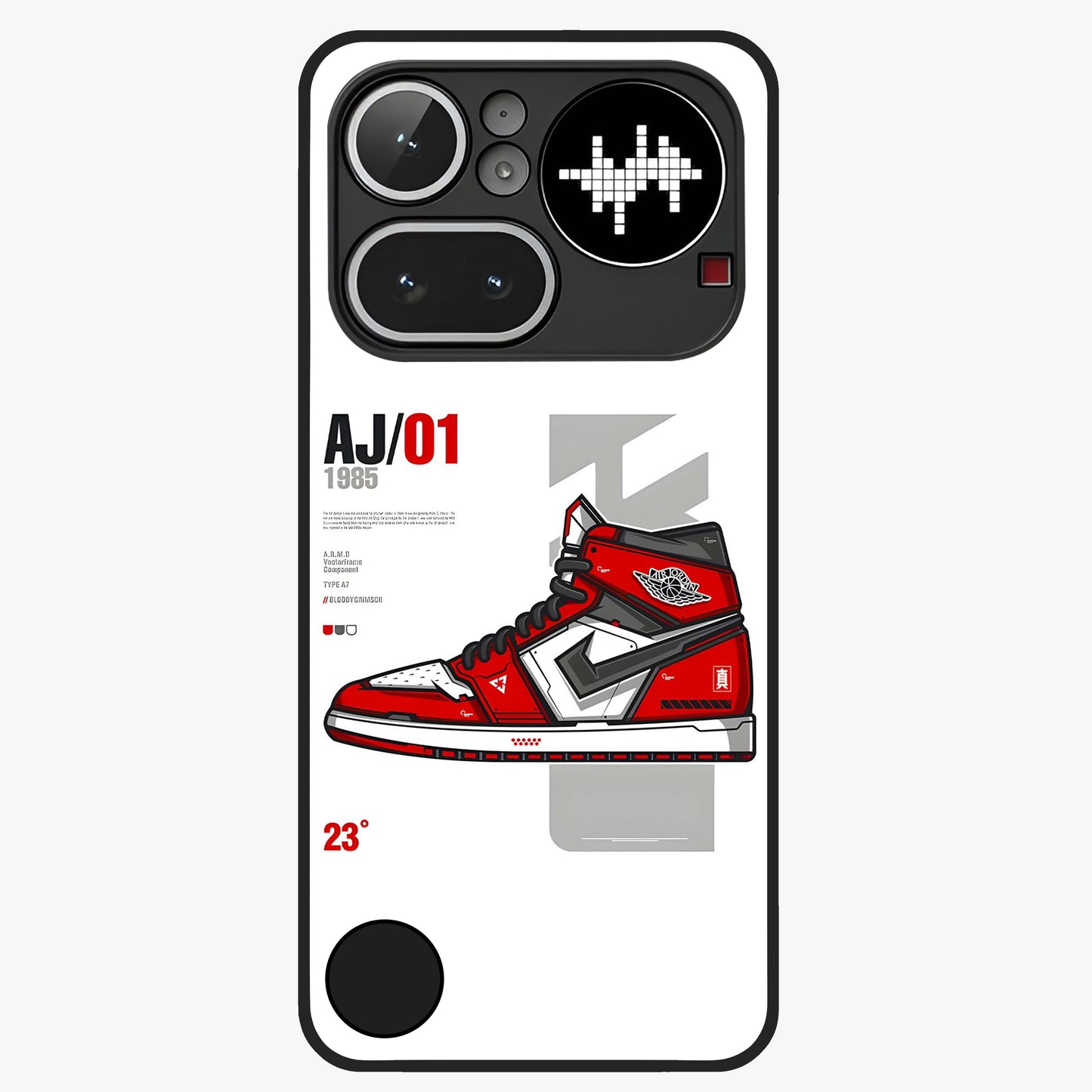 Retro Sneaker Blueprint Glass Case showing flat back view with sneaker blueprint style artwork and glossy glass finish.
