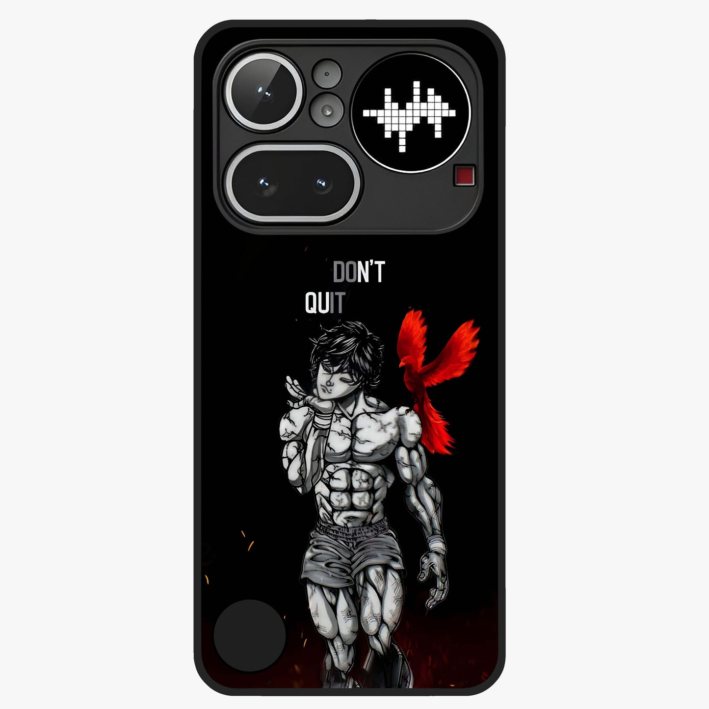 Rise Beyond Limits Glass Case showing flat back view with motivational typography artwork and glossy glass finish.