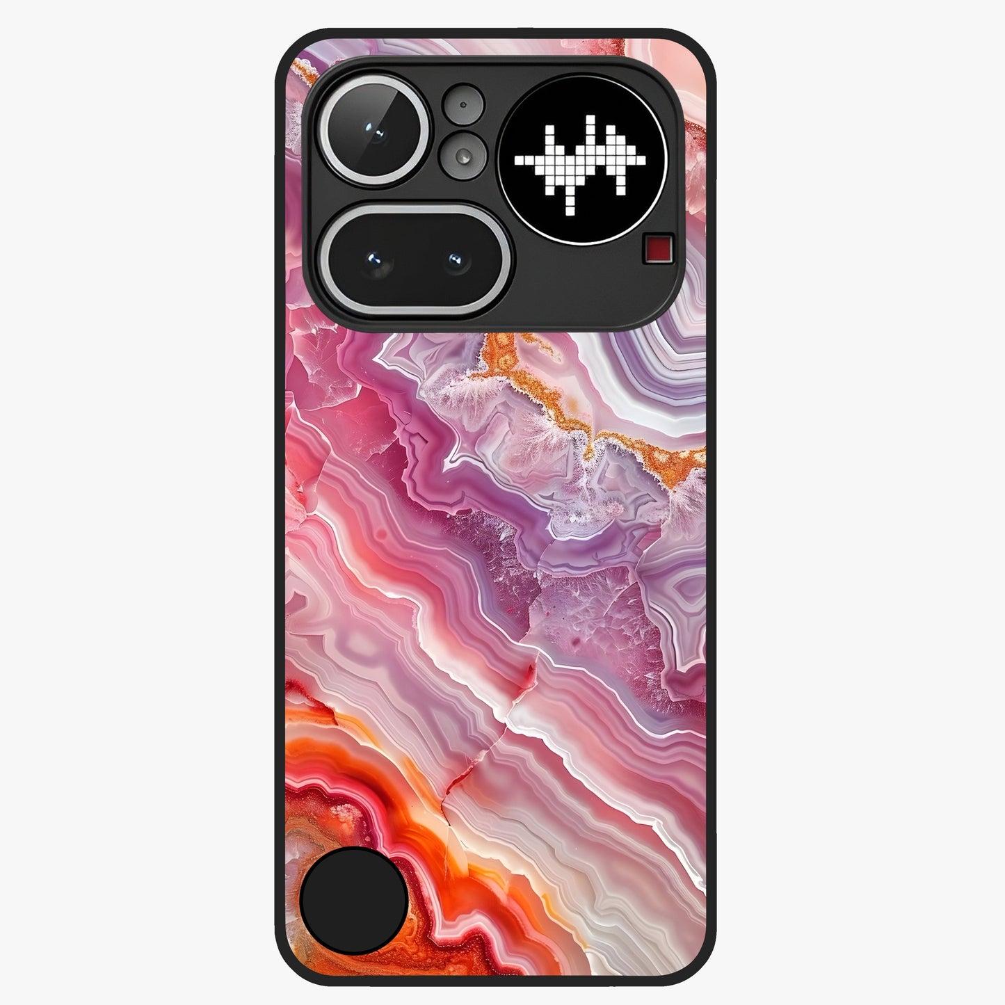 Rose Quartz Marble Glass Case showing flat back view with pink marble quartz texture artwork and glossy glass finish.