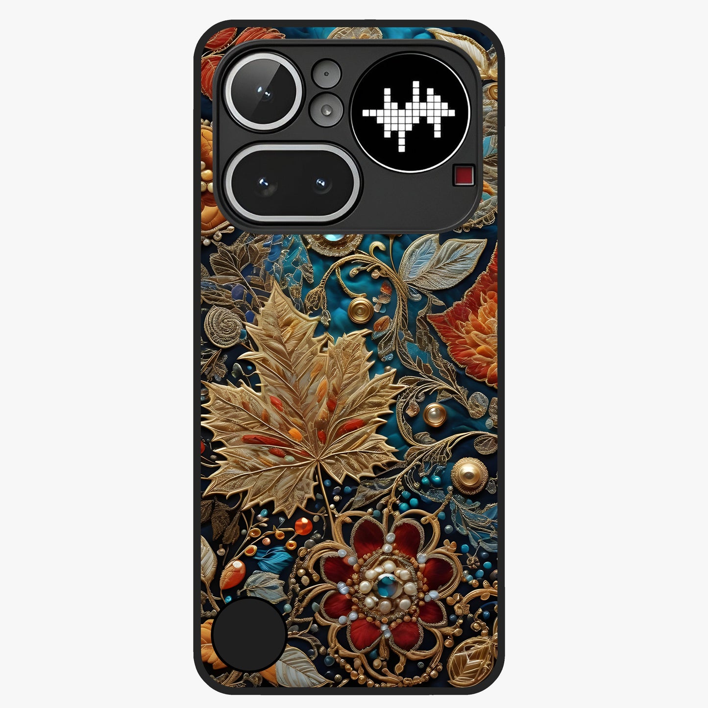 Royal Jewel Garden Glass Case showing flat back view with decorative floral garden artwork and glossy glass finish.