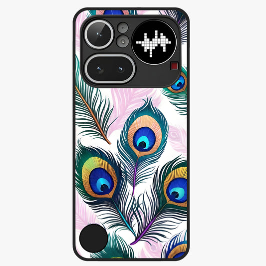 Royal Peacock Feathers Glass Case showing flat back view with colorful peacock feather artwork and glossy glass finish.