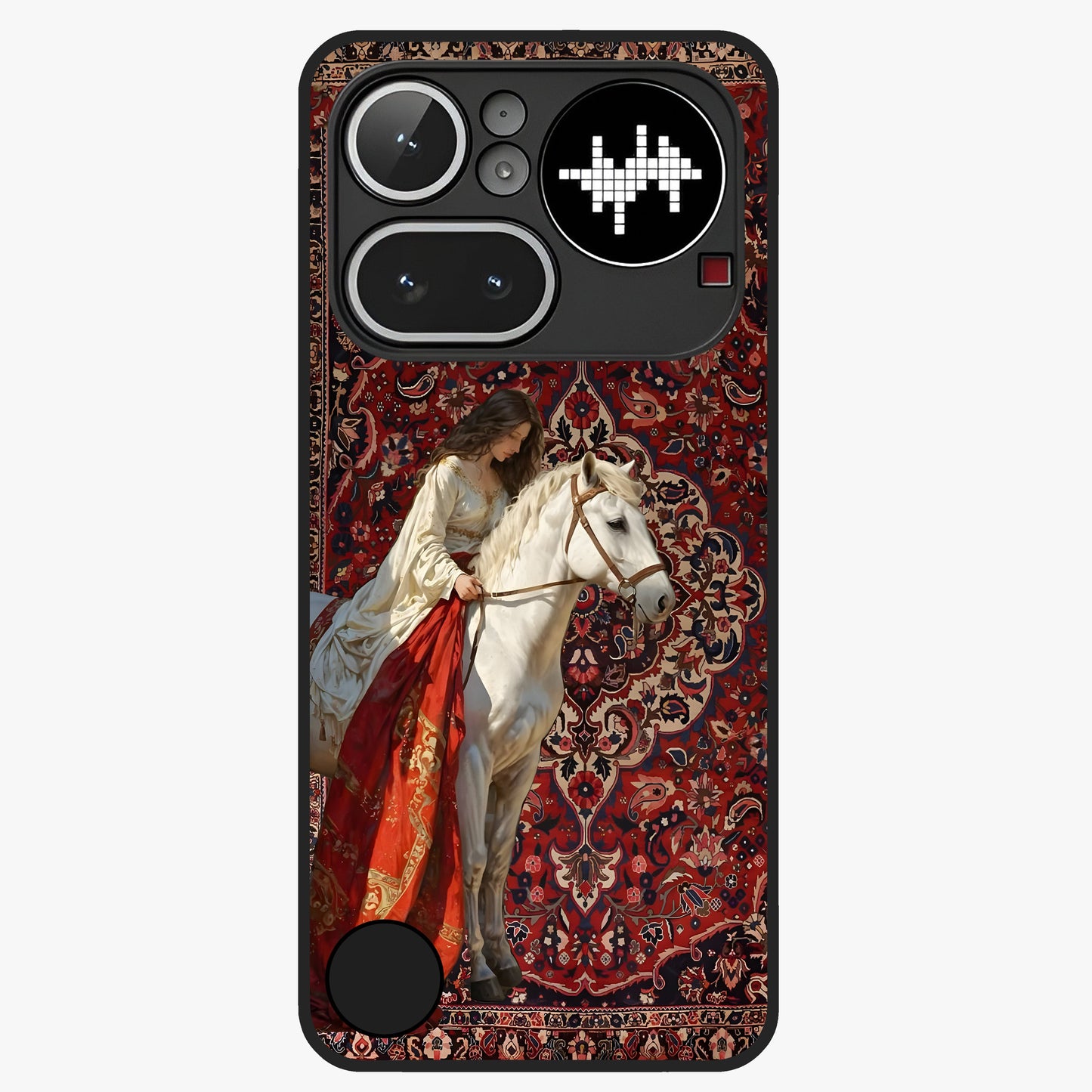 Royal Rider Tapestry Glass Case showing flat back view with majestic horse rider tapestry artwork and glossy glass finish.