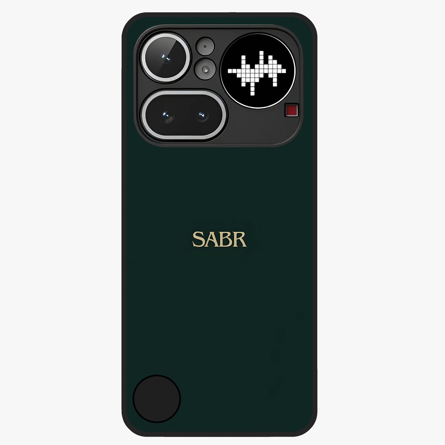 Sabr Minimal Patience Glass Case showing flat back view with minimalist typography artwork and glossy glass finish.