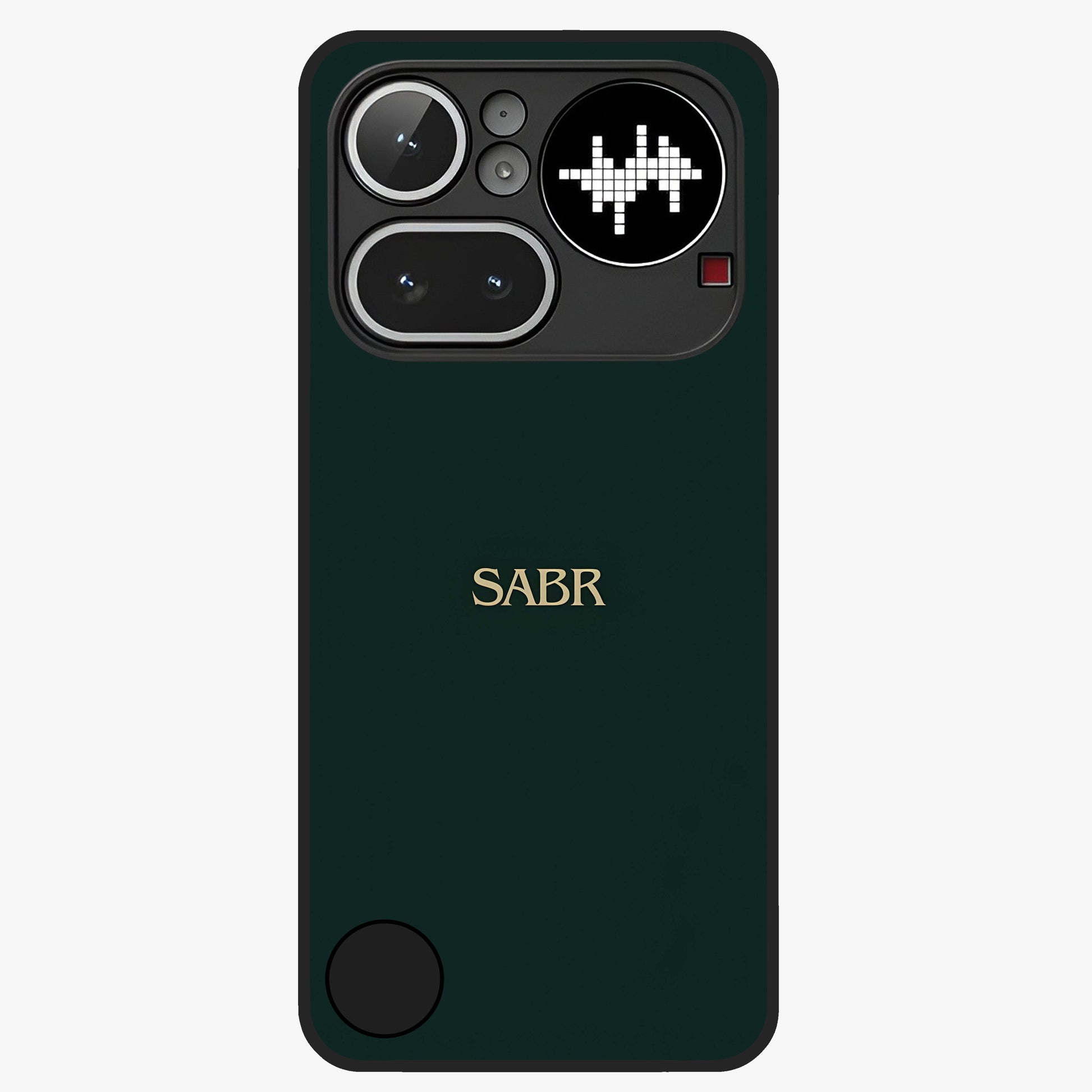 Sabr Minimal Patience Glass Case showing flat back view with minimalist typography artwork and glossy glass finish.