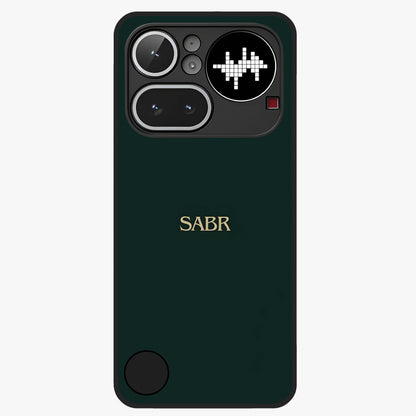 Sabr Minimal Patience Glass Case showing flat back view with minimalist typography artwork and glossy glass finish.