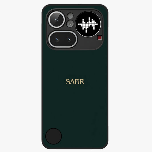 Sabr Minimal Patience Glass Case showing flat back view with minimalist typography artwork and glossy glass finish.