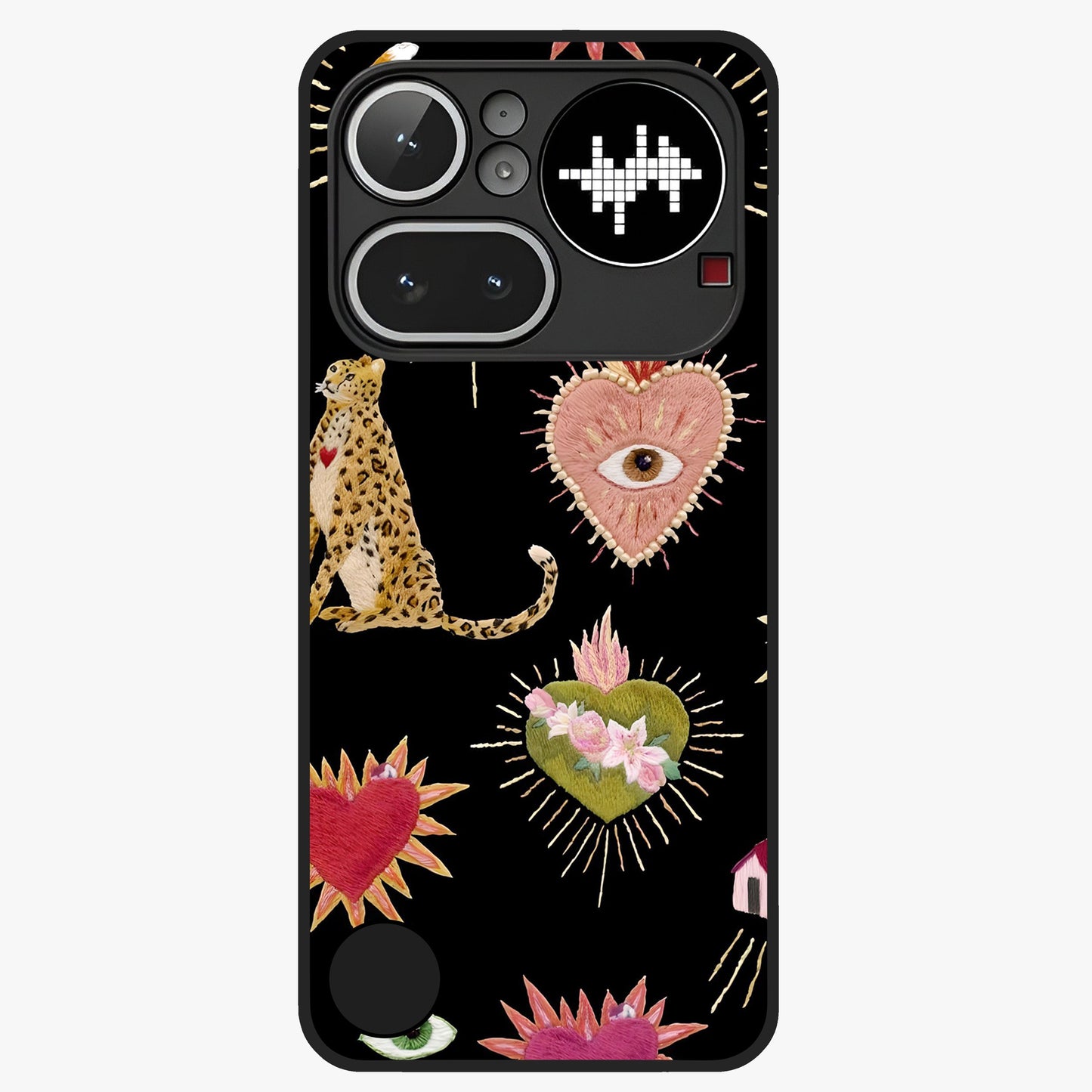 Sacred Jungle Heart Glass Case showing flat back view with jungle inspired heart artwork and glossy glass finish.